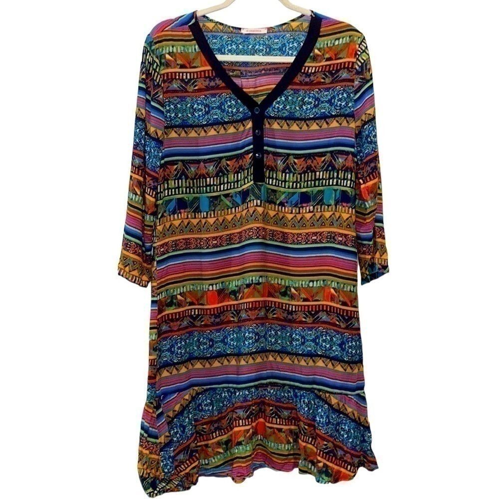 Harmonia Colorful Tab Sleeve Ruffle Bottom Shift Art To Wear Dress Medium‍‍‍‍‍﻿﻿